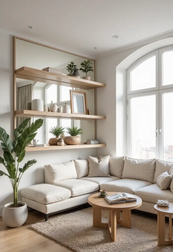 29 Living Room Shelving Ideas the Wall That Add Function and Style - 18. Mirror Shelves: Reflective Elegance