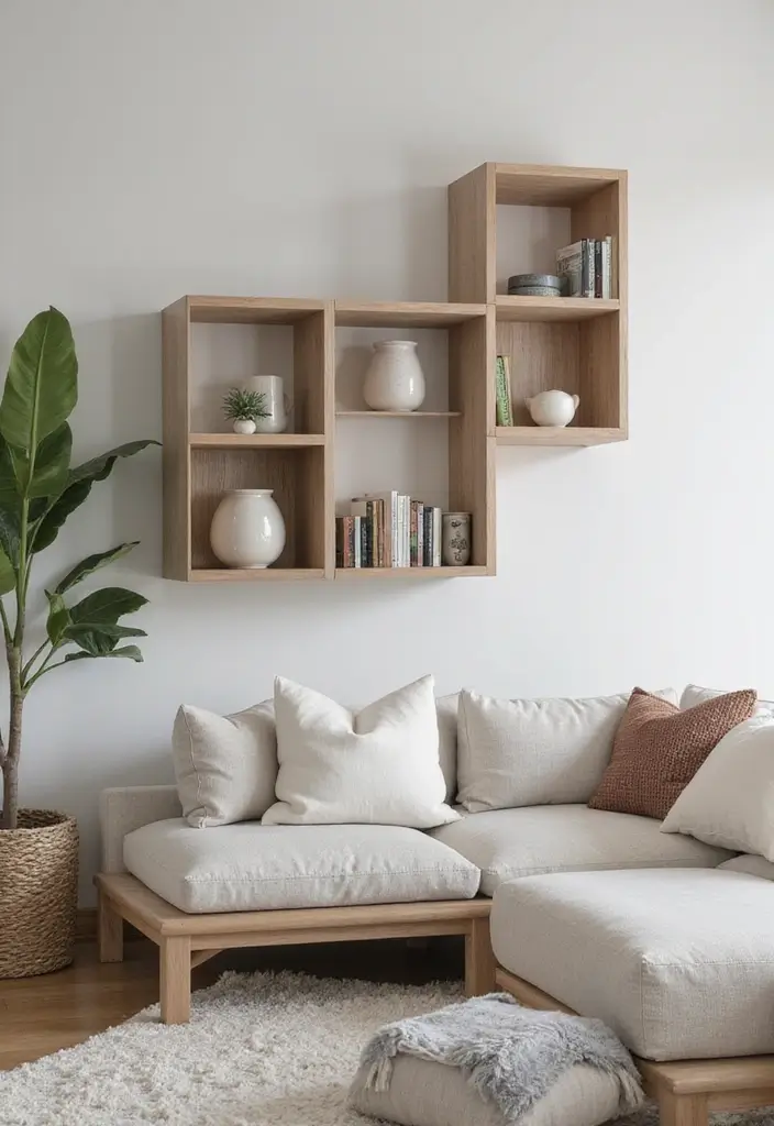 29 Living Room Shelving Ideas the Wall That Add Function and Style - 19. Wall-Mounted Cube Shelves: Modern Geometry