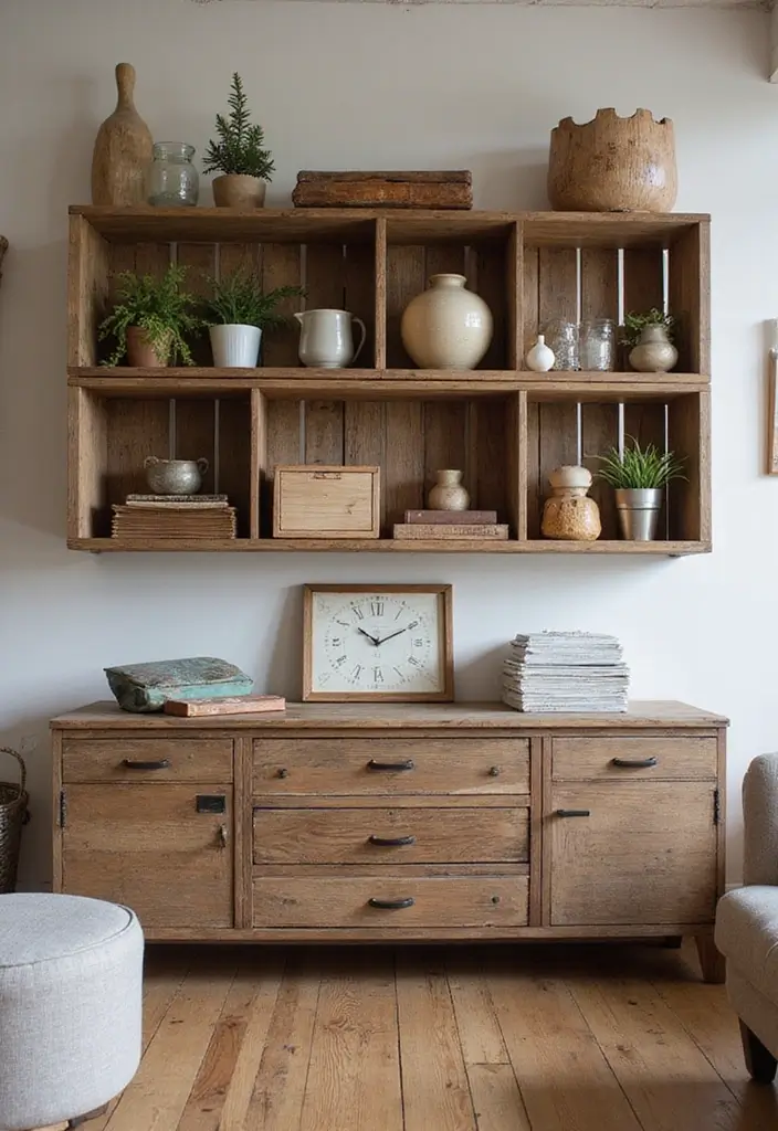 29 Living Room Shelving Ideas the Wall That Add Function and Style - 21. Rustic Crate Shelves: Reclaimed Charm