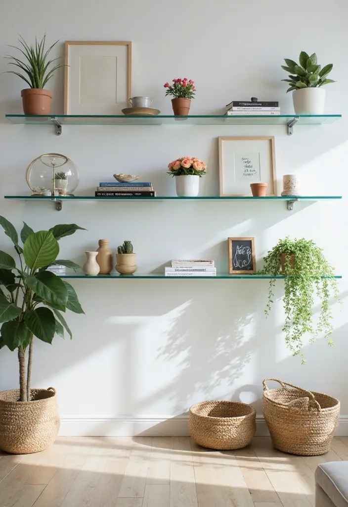 29 Living Room Shelving Ideas the Wall That Add Function and Style - 22. Transparent Glass Shelves: Light and Airy