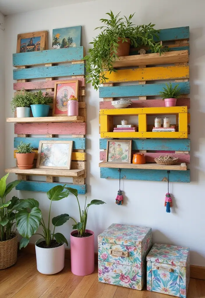 29 Living Room Shelving Ideas the Wall That Add Function and Style - 23. Colorful Pallet Shelves: Vibrant and Playful