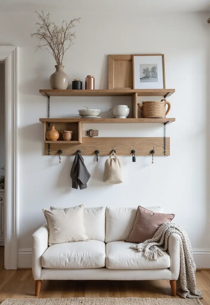 29 Living Room Shelving Ideas the Wall That Add Function and Style - 24. Shelf with Hooks: Dual Functionality