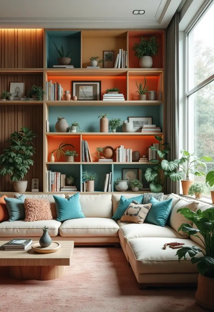 29 Living Room Shelving Ideas the Wall That Add Function and Style - 25. Multi-tiered Shelving: Dimension and Depth