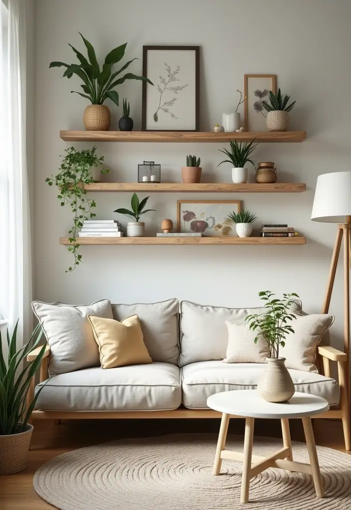 29 Living Room Shelving Ideas the Wall That Add Function and Style - 27. Open Frame Shelves: Artistic Flair