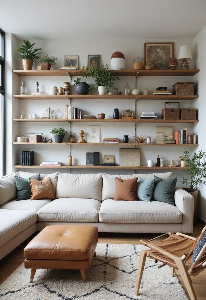 29 Living Room Shelving Ideas the Wall That Add Function and Style - 28. Ceiling-Mounted Shelving: A Unique Perspective