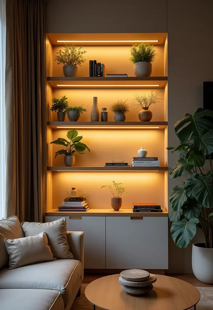 29 Living Room Shelving Ideas the Wall That Add Function and Style - 29. Shelf with Integrated Lighting: Illuminate Your Decor