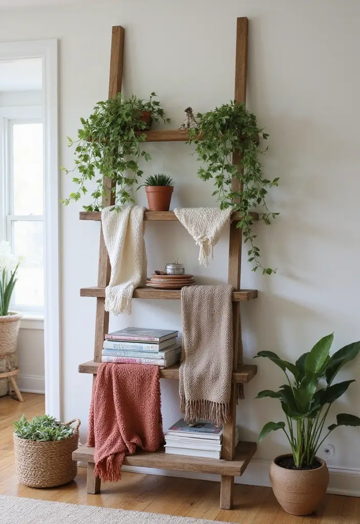 29 Living Room Shelving Ideas the Wall That Add Function and Style - 6. Decorative Ladders: Fun and Functional