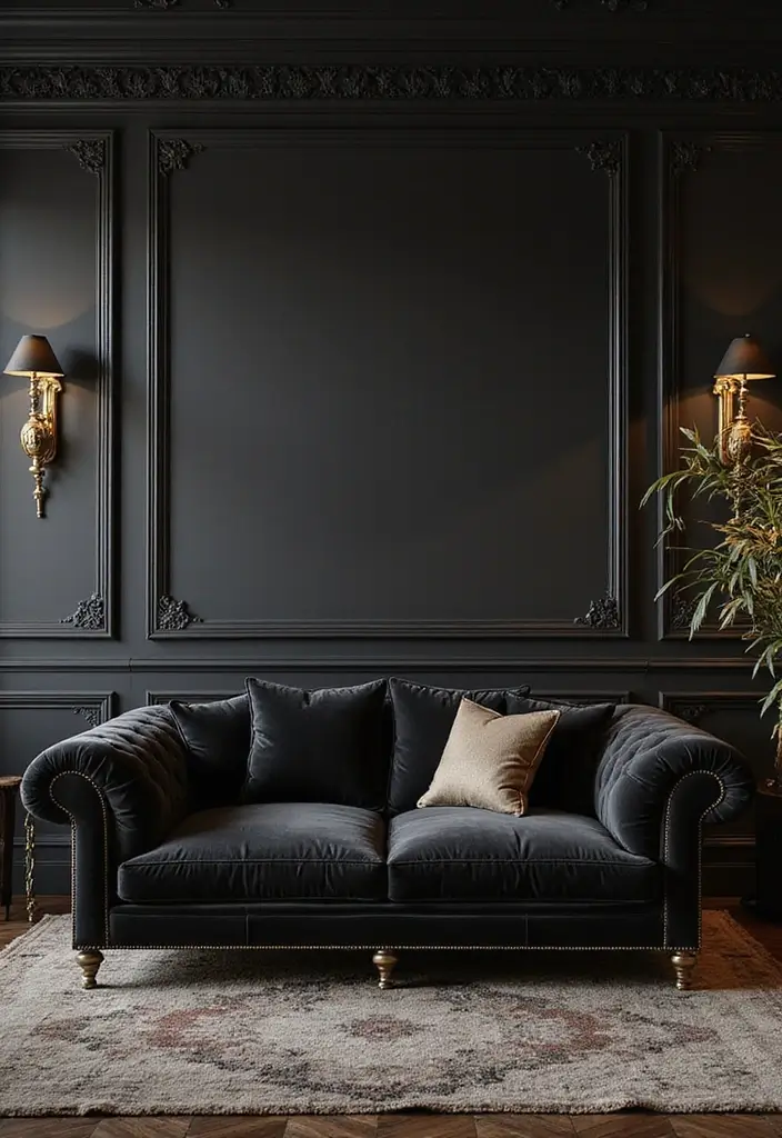 29 Living Room With Black Couch Ideas That Feel Modern and Sleek - 10. Luxe Glamour