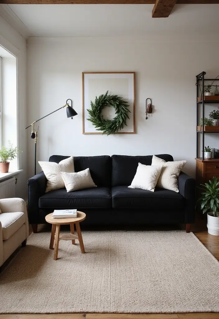 29 Living Room With Black Couch Ideas That Feel Modern and Sleek - 14. Farmhouse Charm
