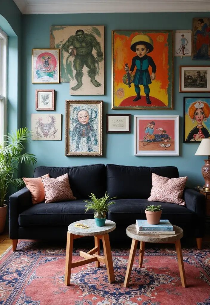 29 Living Room With Black Couch Ideas That Feel Modern and Sleek - 18. Artistic Mosaic