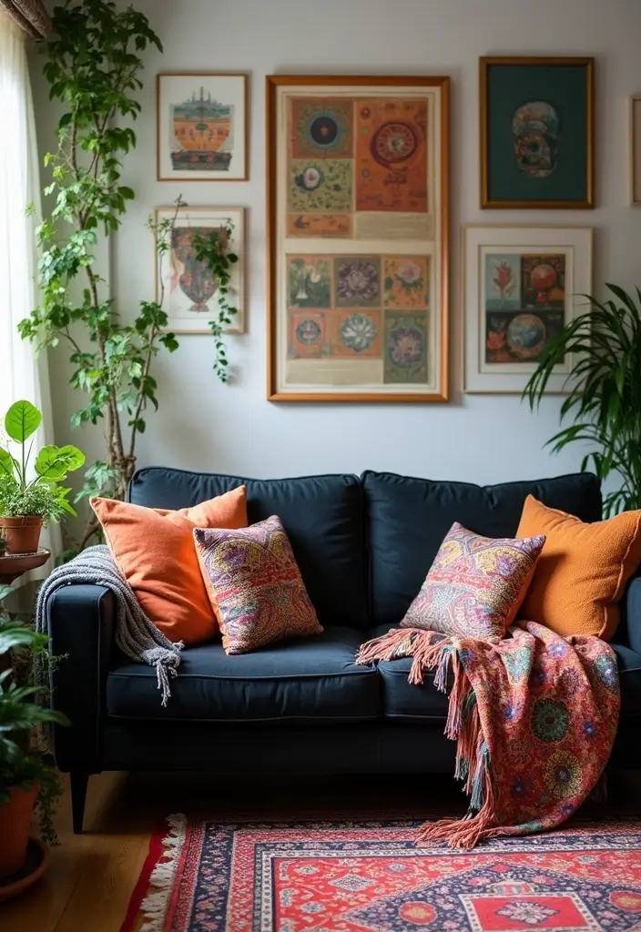 29 Living Room With Black Couch Ideas That Feel Modern and Sleek - 2. Bohemian Flair