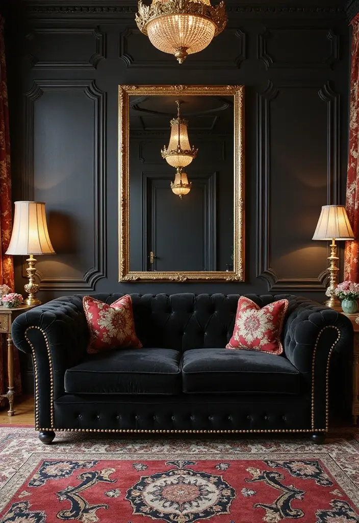 29 Living Room With Black Couch Ideas That Feel Modern and Sleek - 20. Vintage Glam