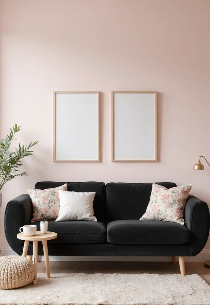 29 Living Room With Black Couch Ideas That Feel Modern and Sleek - 21. Soft Pastel Retreat