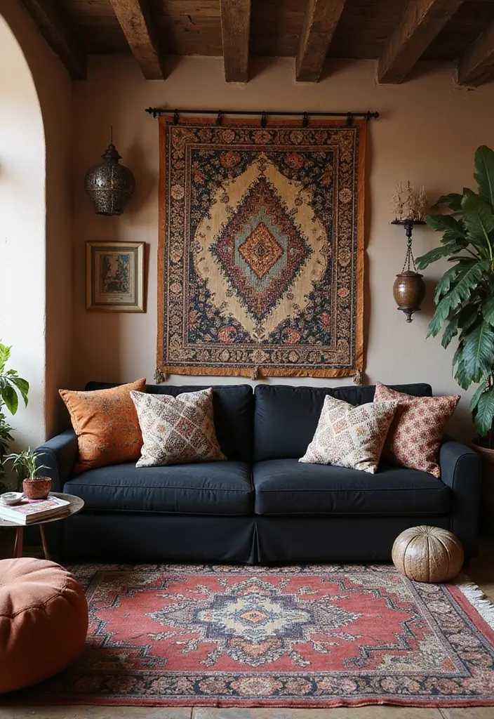 29 Living Room With Black Couch Ideas That Feel Modern and Sleek - 24. Global Inspiration