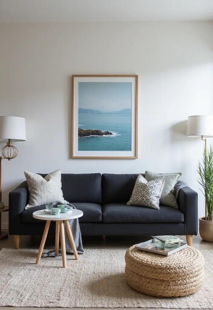 29 Living Room With Black Couch Ideas That Feel Modern and Sleek - 25. Fresh Coastal Vibes
