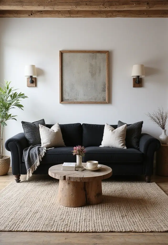29 Living Room With Black Couch Ideas That Feel Modern and Sleek - 27. Farmhouse Elegance