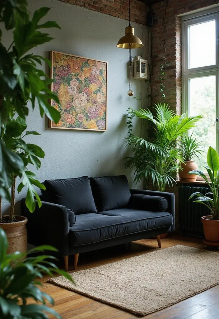 29 Living Room With Black Couch Ideas That Feel Modern and Sleek - 28. Urban Jungle