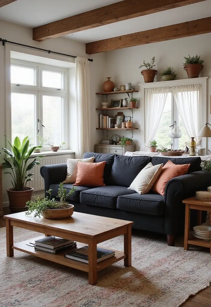 29 Living Room With Black Couch Ideas That Feel Modern and Sleek - 5. Cozy Cottage Vibes