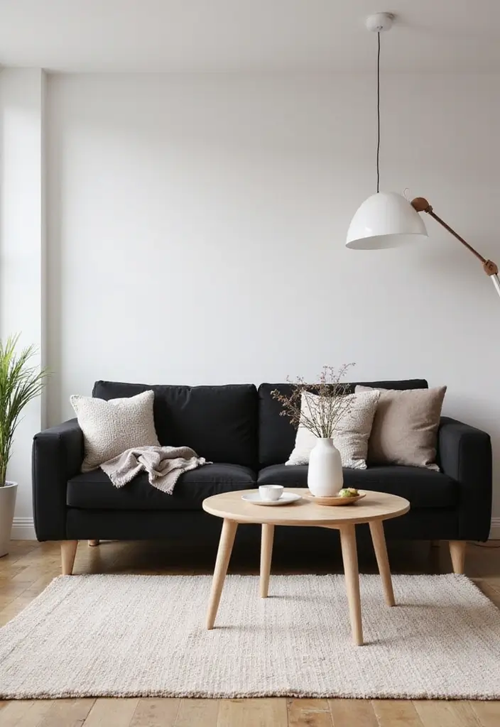 29 Living Room With Black Couch Ideas That Feel Modern and Sleek - 6. Scandinavian Simplicity