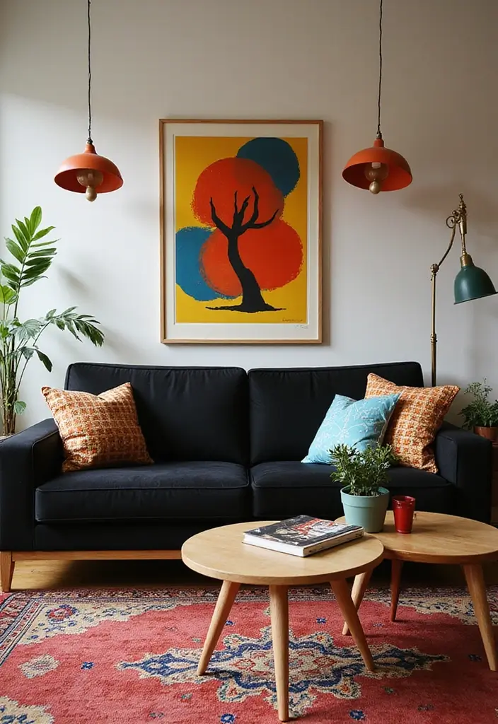 29 Living Room With Black Couch Ideas That Feel Modern and Sleek - 7. Retro Revival