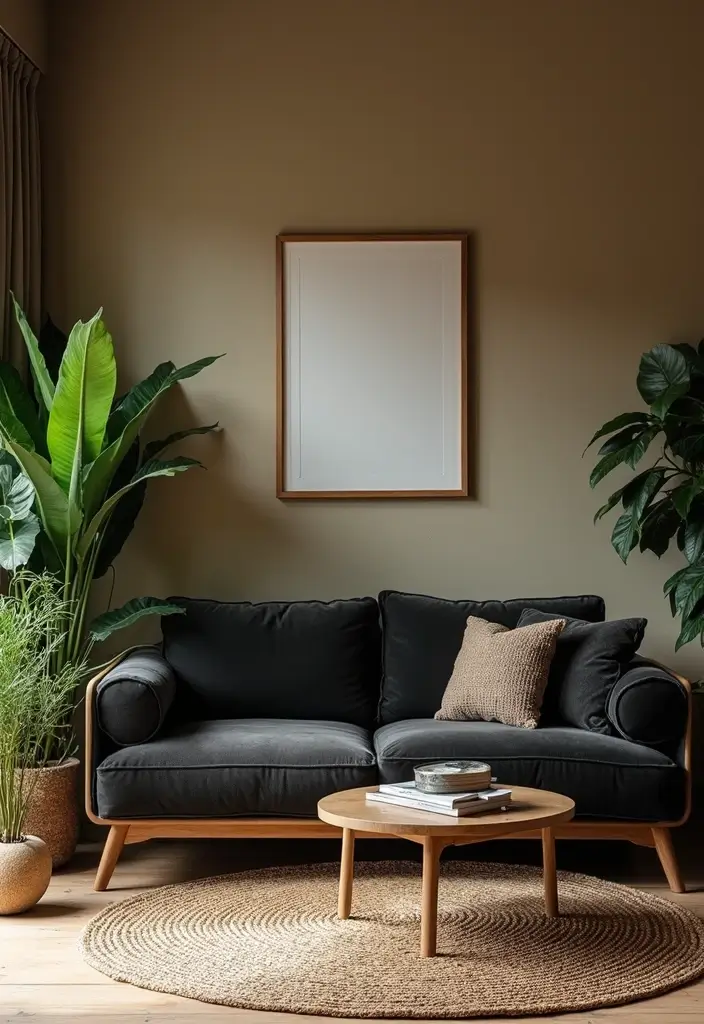 29 Living Room With Black Couch Ideas That Feel Modern and Sleek - 8. Earthy Elements