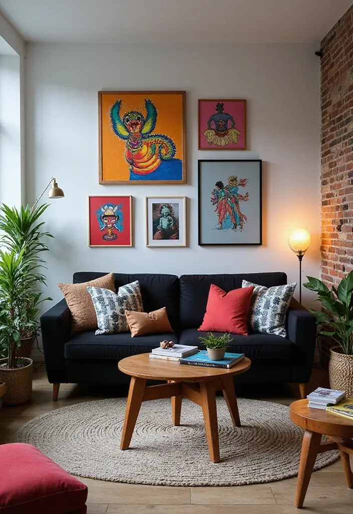 29 Living Room With Black Couch Ideas That Feel Modern and Sleek - 9. Artistic Expression