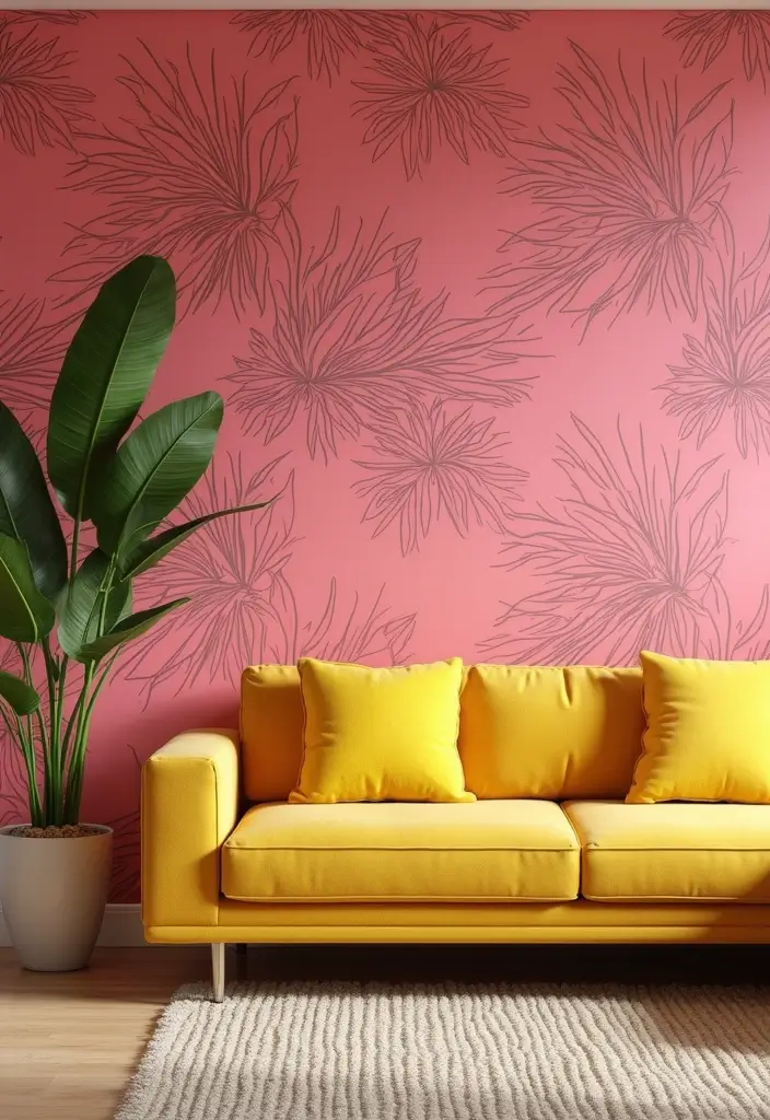 29 Pink and Yellow Living Room Ideas That Feel Cheerful and Bold - 1. Tropical-Inspired Accent Walls