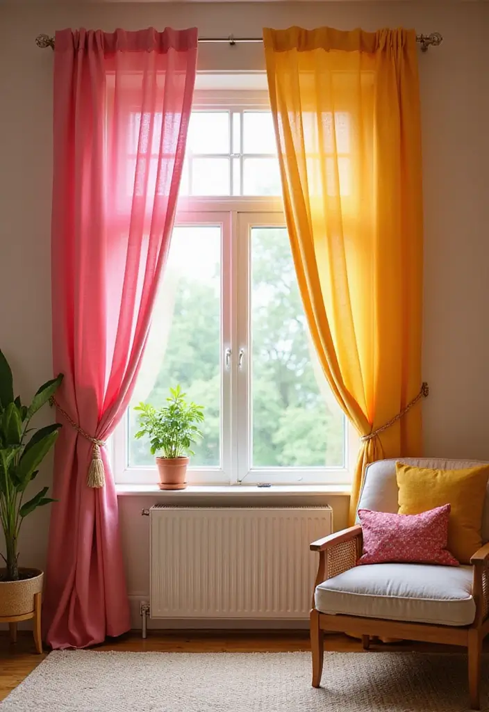 29 Pink and Yellow Living Room Ideas That Feel Cheerful and Bold - 10. Colorful Curtains for a Cozy Effect