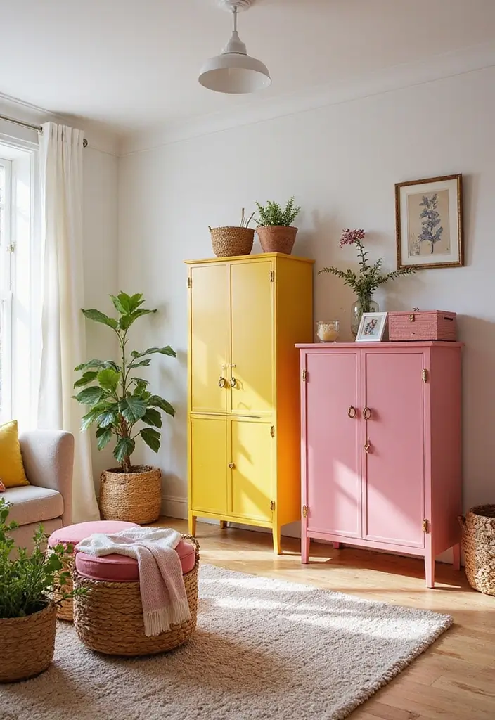 29 Pink and Yellow Living Room Ideas That Feel Cheerful and Bold - 11. Fun and Functional Storage Solutions