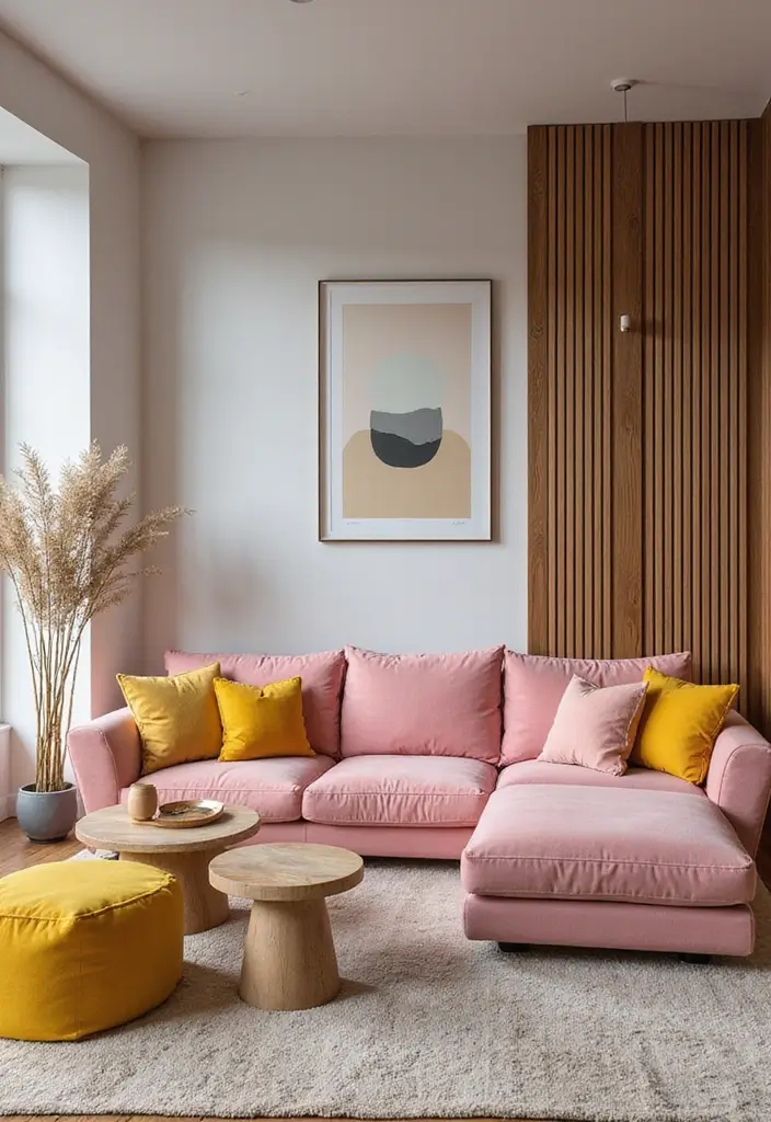 29 Pink and Yellow Living Room Ideas That Feel Cheerful and Bold - 12. Mixing Textures and Materials