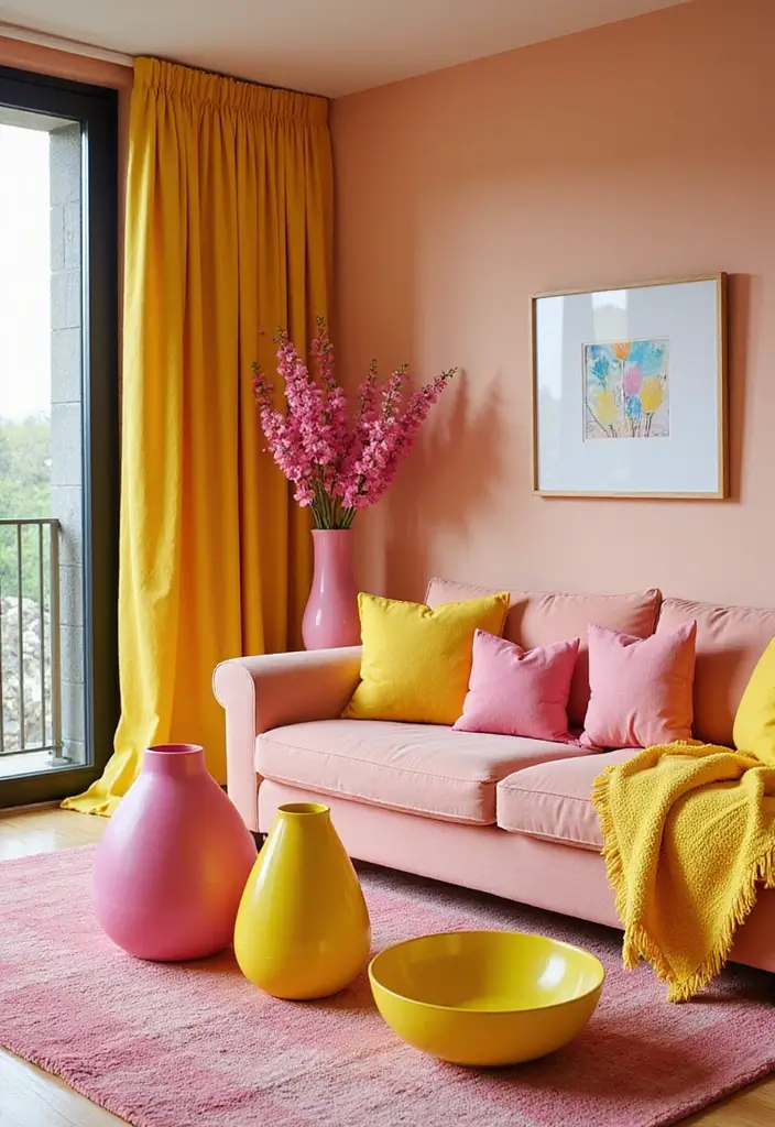 29 Pink and Yellow Living Room Ideas That Feel Cheerful and Bold - 13. Bright Accessories for a Pop of Color