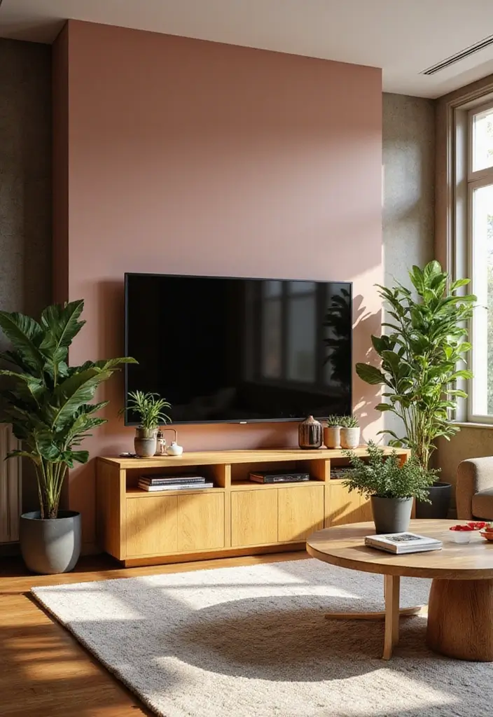 29 Pink and Yellow Living Room Ideas That Feel Cheerful and Bold - 14. Stylish TV and Entertainment Units