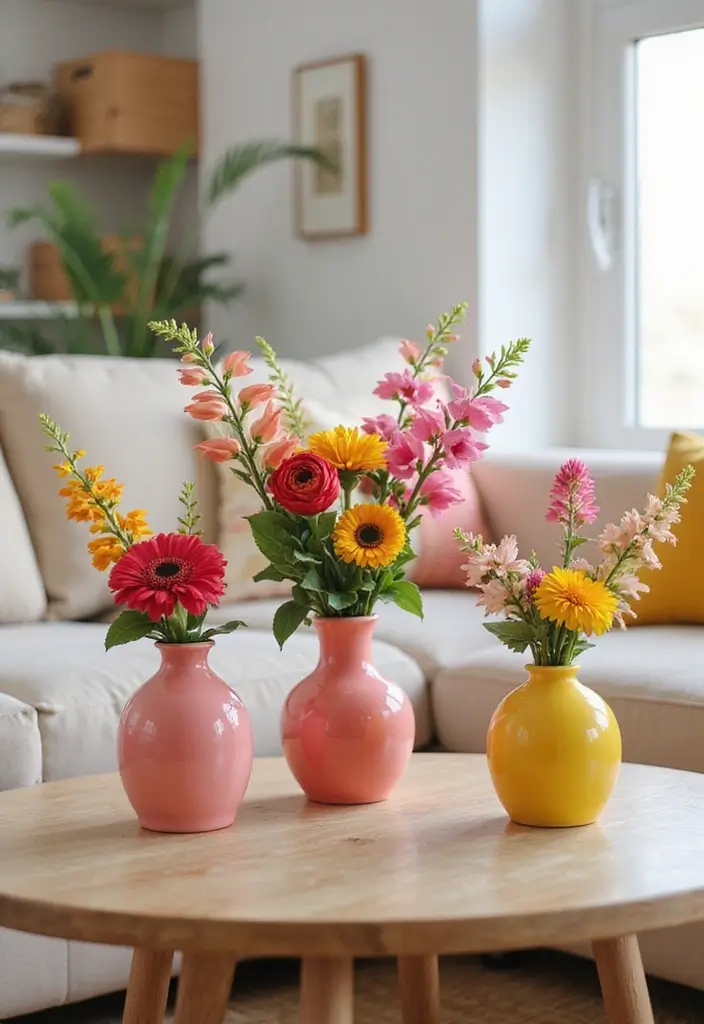 29 Pink and Yellow Living Room Ideas That Feel Cheerful and Bold - 16. Cheerful Floral Arrangements