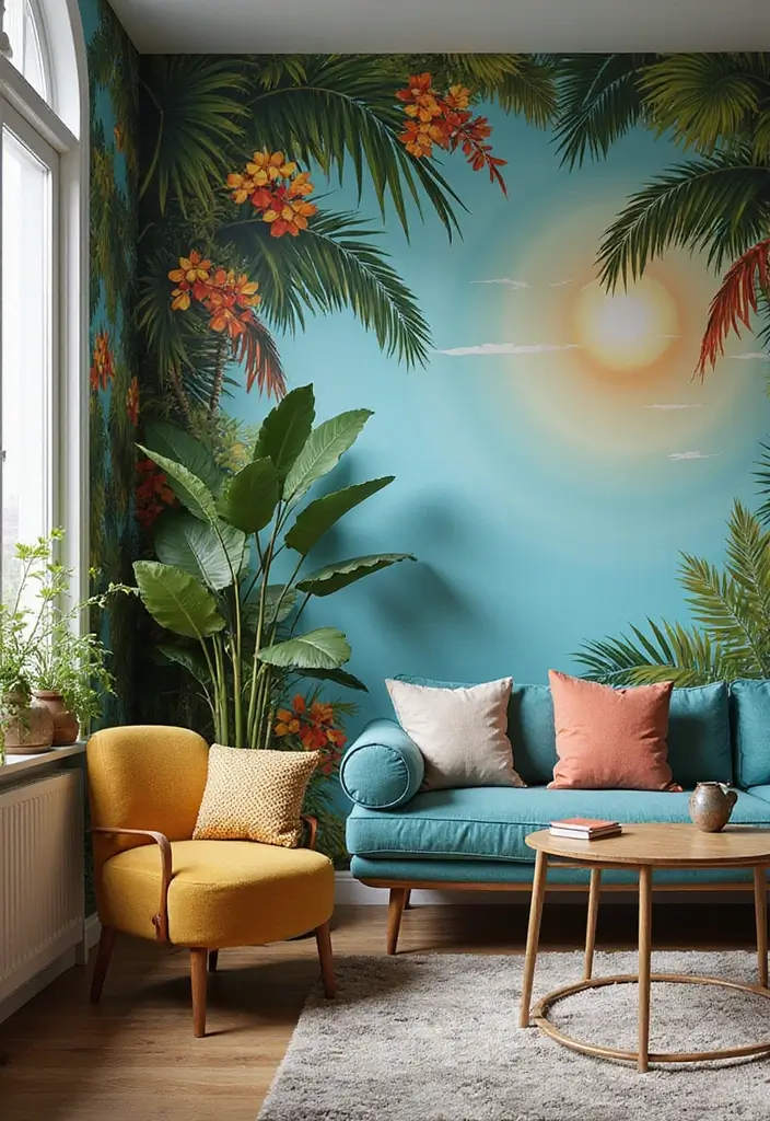 29 Pink and Yellow Living Room Ideas That Feel Cheerful and Bold - 19. Tropical-Inspired Wall Murals