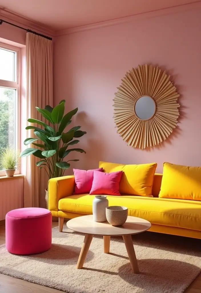 29 Pink and Yellow Living Room Ideas That Feel Cheerful and Bold - 2. Bold Furniture Choices