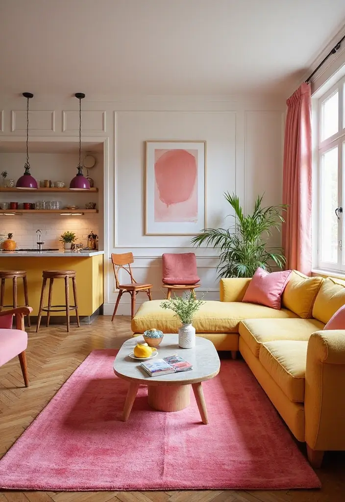 29 Pink and Yellow Living Room Ideas That Feel Cheerful and Bold - 20. Bold Kitchen Integration
