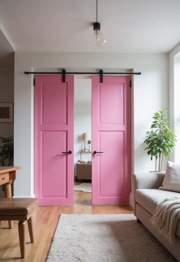 29 Pink and Yellow Living Room Ideas That Feel Cheerful and Bold - 21. Playful Sliding Doors