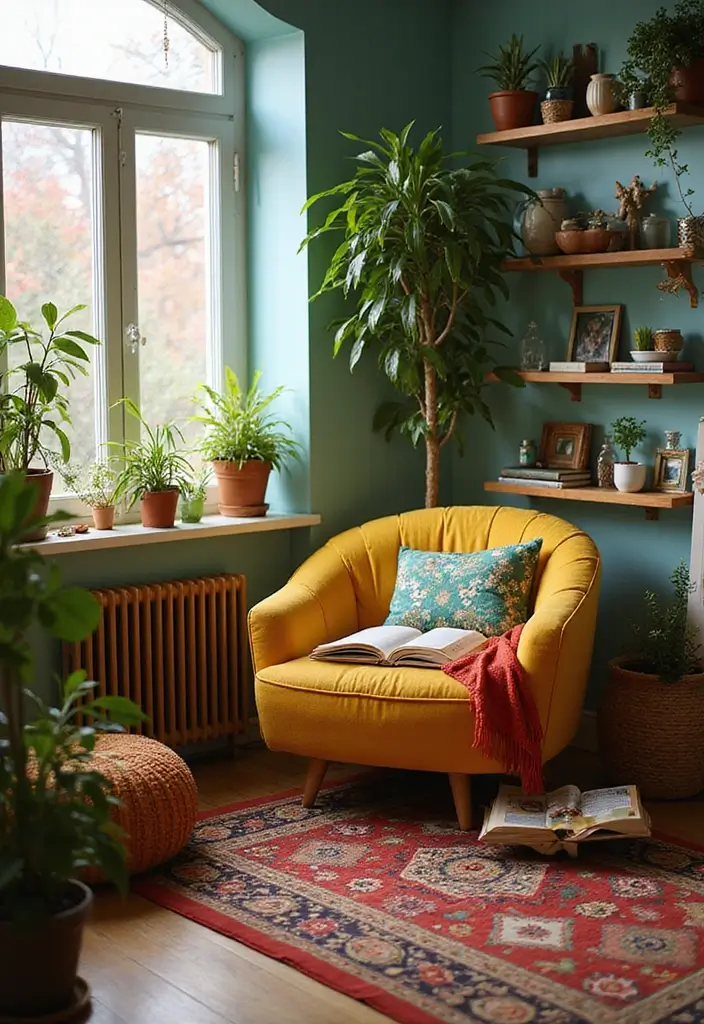 29 Pink and Yellow Living Room Ideas That Feel Cheerful and Bold - 22. Cozy Reading Nook