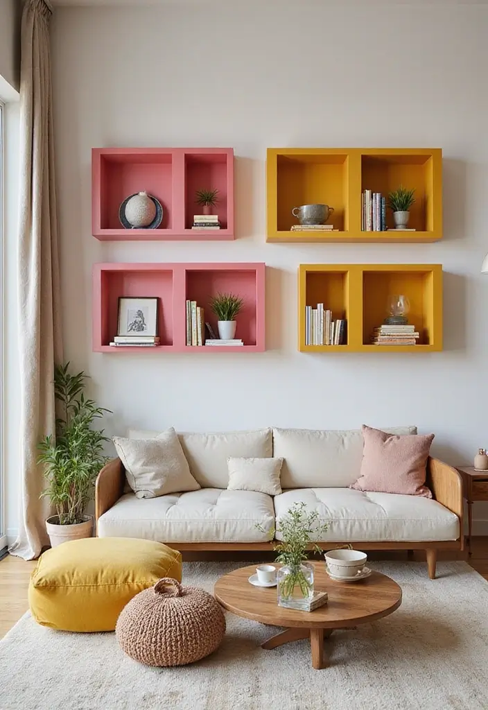 29 Pink and Yellow Living Room Ideas That Feel Cheerful and Bold - 23. Wall-mounted Bookshelves