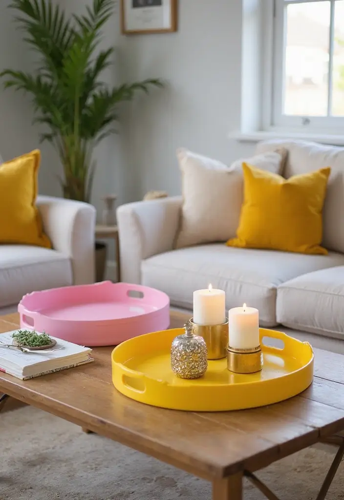 29 Pink and Yellow Living Room Ideas That Feel Cheerful and Bold - 24. Vibrant Decorative Trays