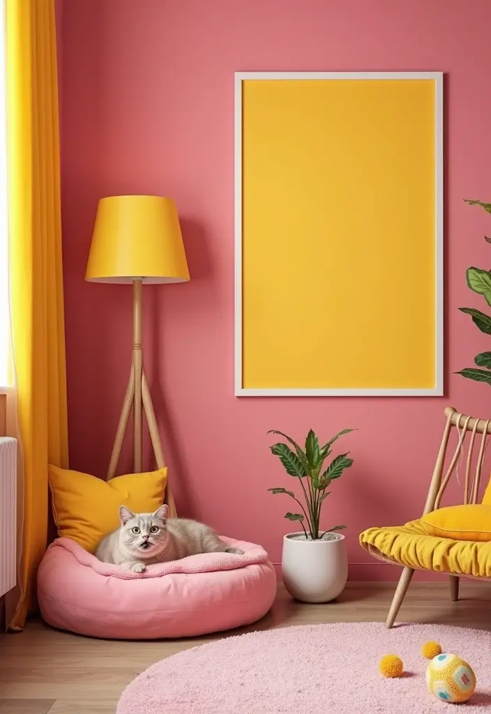 29 Pink and Yellow Living Room Ideas That Feel Cheerful and Bold - 25. Vibrant Pet Accents