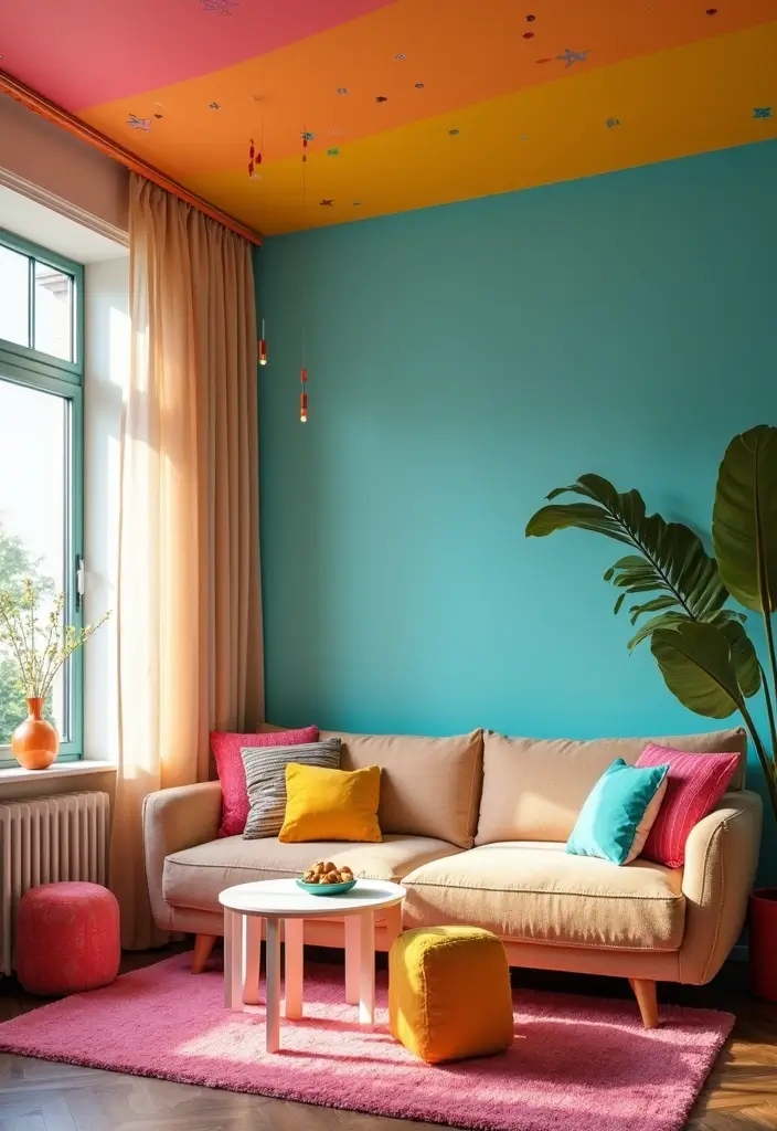 29 Pink and Yellow Living Room Ideas That Feel Cheerful and Bold - 28. Playful Ceiling Elements
