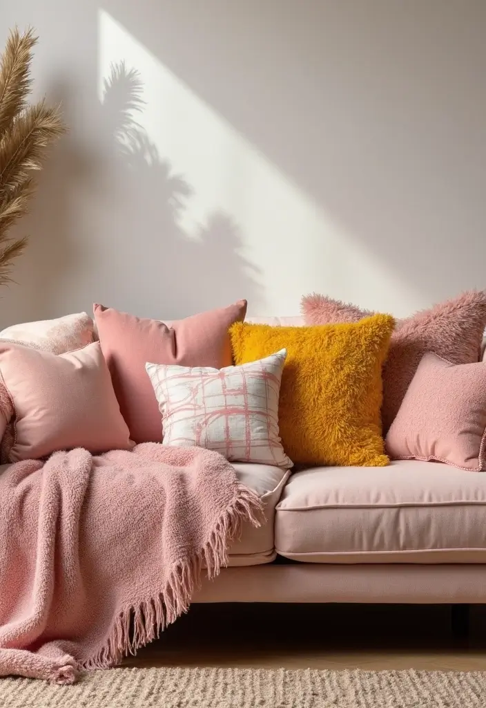 29 Pink and Yellow Living Room Ideas That Feel Cheerful and Bold - 3. Cheerful Throw Pillows and Blankets