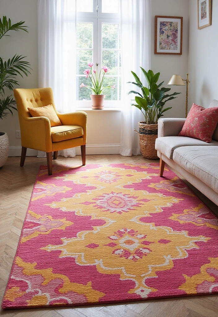 29 Pink and Yellow Living Room Ideas That Feel Cheerful and Bold - 5. Vibrant Rugs to Ground the Space
