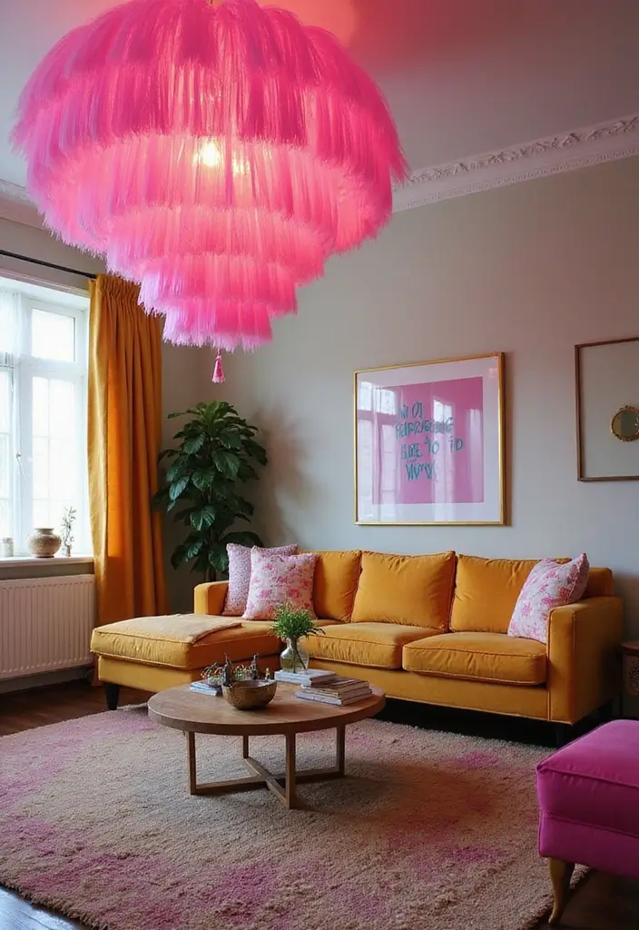 29 Pink and Yellow Living Room Ideas That Feel Cheerful and Bold - 6. Statement Lighting Fixtures