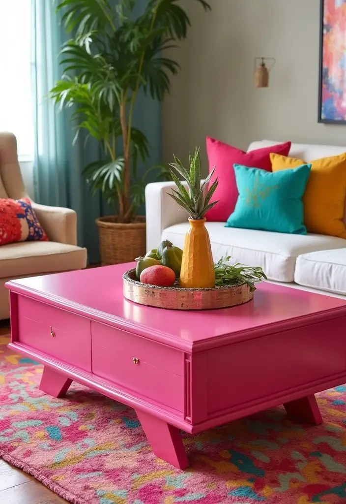 29 Pink and Yellow Living Room Ideas That Feel Cheerful and Bold - 8. Unique Coffee Tables