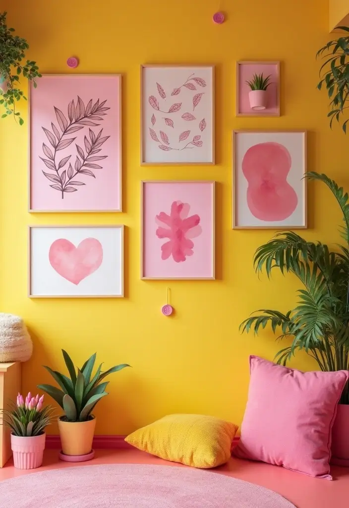 29 Pink and Yellow Living Room Ideas That Feel Cheerful and Bold - 9. Playful Artwork for a Cheerful Vibe