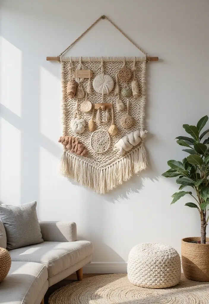 29 Simple Living Room Wall Decor Ideas That Look Clean and Elegant - 14. Woven Wall Hangings
