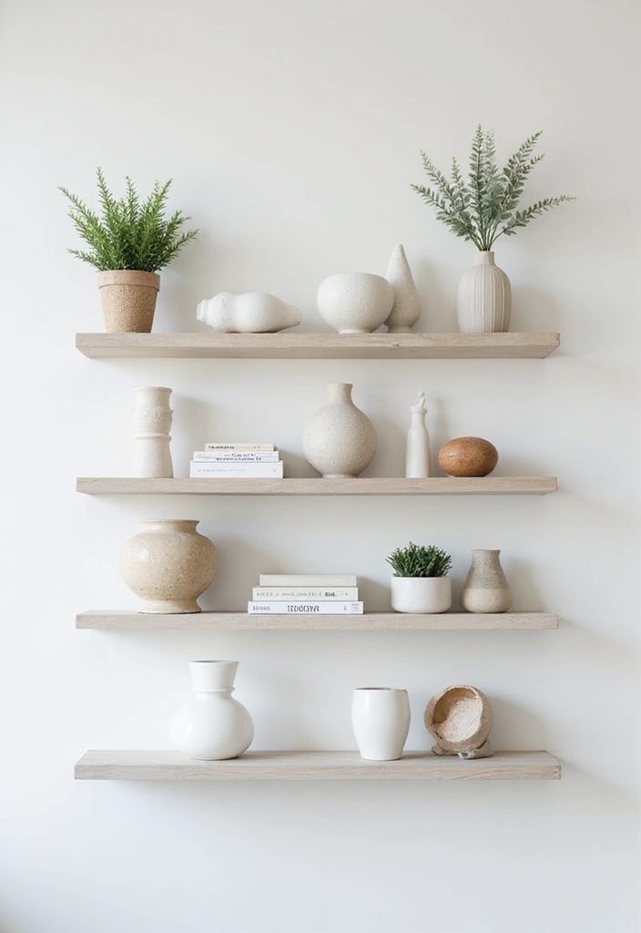 29 Simple Living Room Wall Decor Ideas That Look Clean and Elegant - 2. Floating Shelves with Accent Pieces