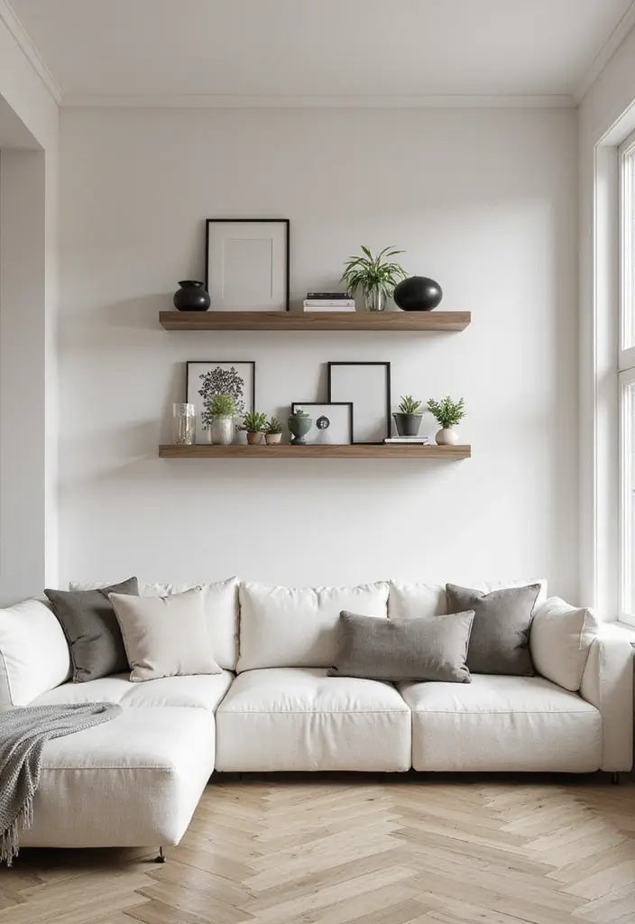 29 Simple Living Room Wall Decor Ideas That Look Clean and Elegant - 21. Simple Articulated Shelves